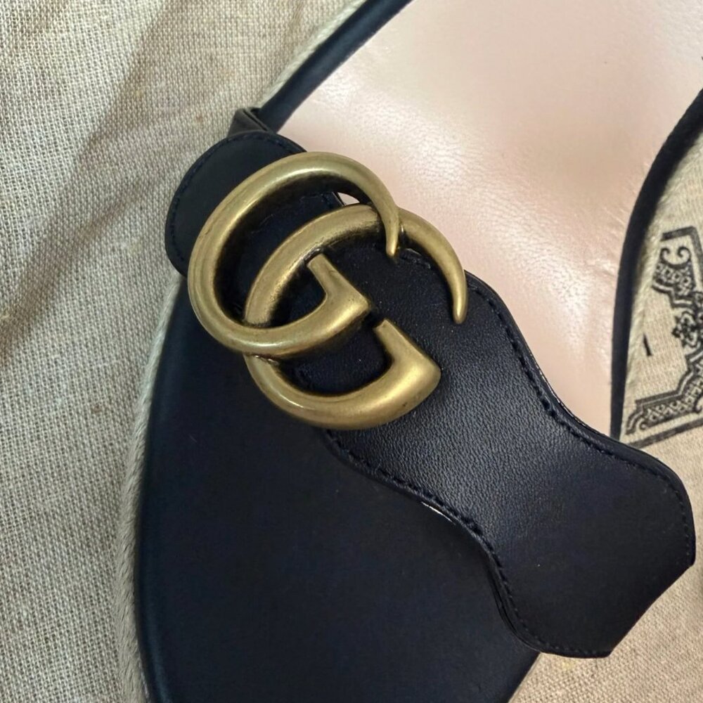 Gucci Aitana GG Marmont Black Leather Espadrille Wedge Sandals Size 41 US 11 - Picture 6 of 10